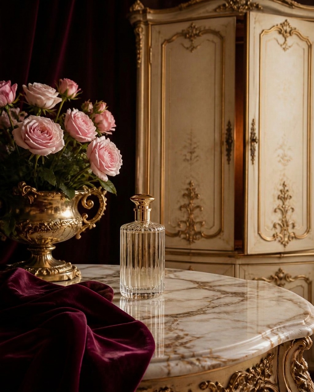 Perfume bottle on a marble table before an ornate gold French armoire with burgundy velvet and roses
